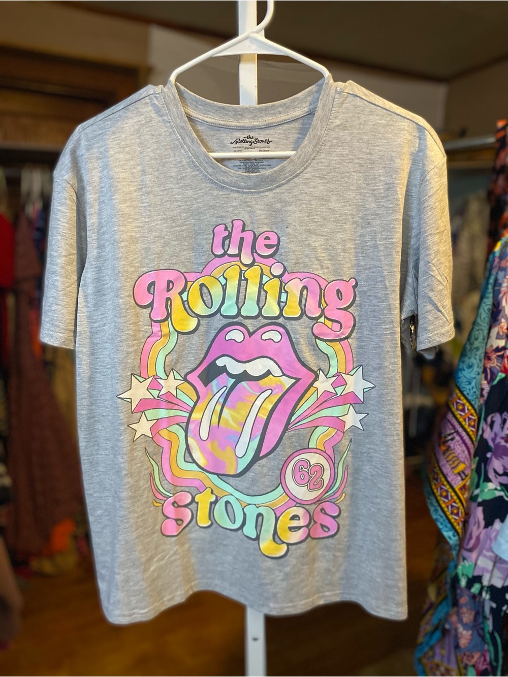 the Rolling Stones Gray Tee with Pastel Rainbow Tongue - Dopamine Hit